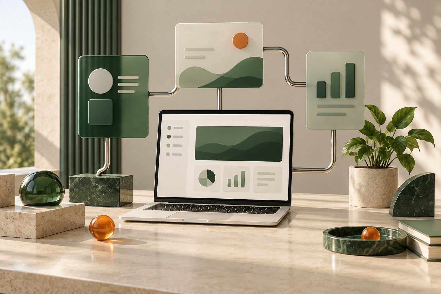 Ilustración de un espacio de trabajo con herramientas digitales conectadas